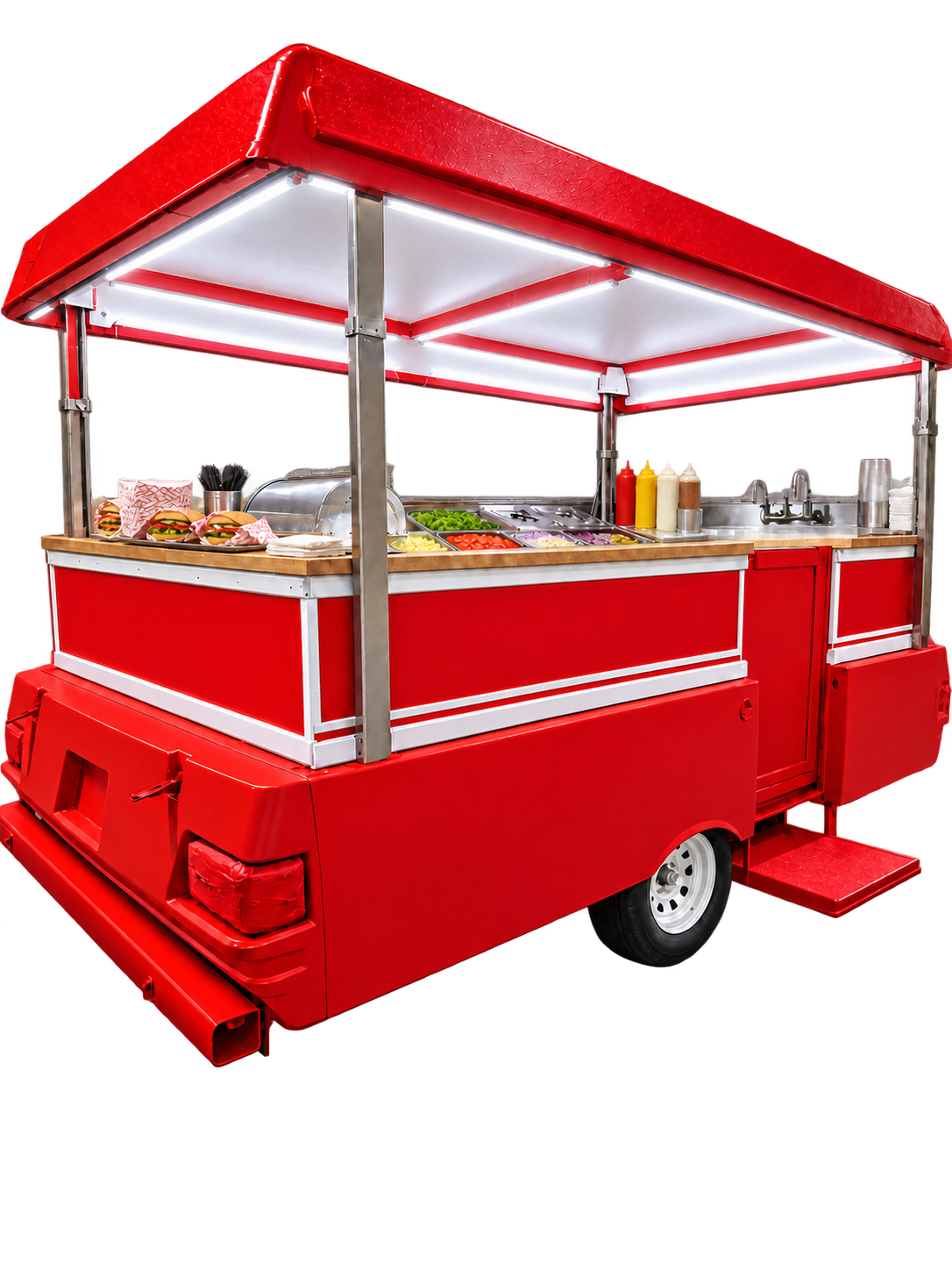 Red Pop Kart stocked and ready for service with illuminated roof
